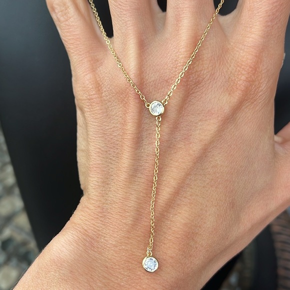 Gold lariat Y necklace CZ adjustable 18" 20" LA CN La Gem & Jewelry Design, Inc - Picture 4 of 10